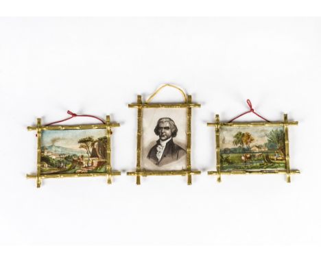 Three Erhard &amp; Söhne dolls’ house gilt metal faux bamboo picture frames, Two landscapes and one male portrait —3¼in. (8.2