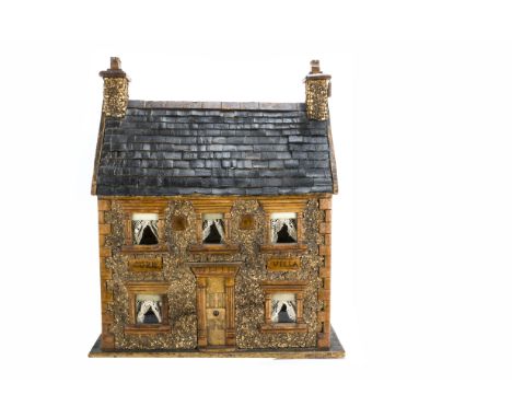 Cork Villa a late 19th century dolls’ house,  With applied cork facade and chimneys, varnished wood door, window surrounds an