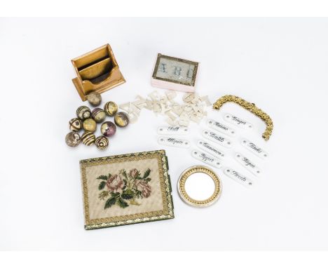 Various items, A Petit Point and leather note book, bone letters, miniature carpet bowls, a mother of pearl and gilt metal ha