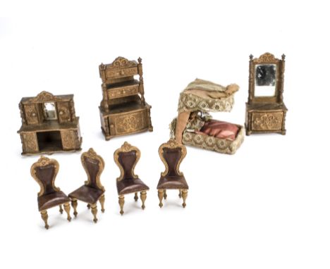 German dolls’ house oak furniture 1880s, With embossed cardboard decoration comprising cupboard with shelves and drawers abov