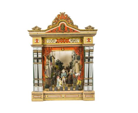 A German toy theatre,  Probably Gottschalk with painted and applied paper proscenium arch, working curtain, candle flood ligh