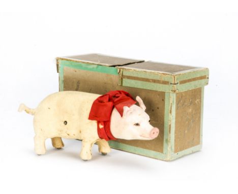 A Roulet &amp; Decamps pig automaton,  Kid covered pig with glass eyes, original ribbon and clockwork walking mechanism, in o