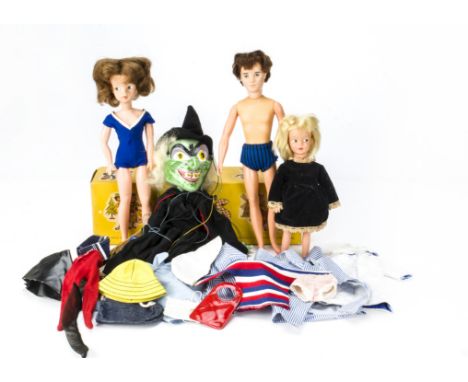 A Pedigree 1960s Sindy doll,  Marked Made in England with brown hair and bendable legs; a Hong Kong Paul and Patch, some orig