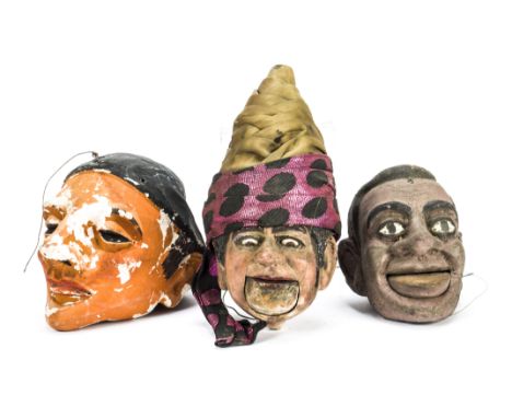 Three string puppet heads, A fine papier-mâché Sultan head with pointed silk turban, articulated mouth and moving eyes —6in. 