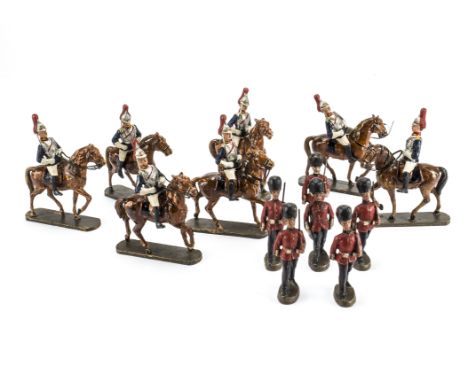 Early large scale British market Elastolin soldiers,  Six Life Guards on brown horses with metal reins and wooden bases —6in.