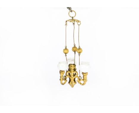 A Erhard &amp; Söhne dolls’ house gilt metal three-lite chandelier, With three white globe shades held by three wires with fl