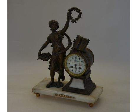 A late 19th/early 20th century French spelter and marble figural mantle clock 'Fleur D'ete par Ferville Suan', with painted e