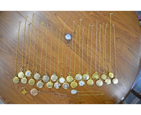 A collection of 30 modern quartz gilt metal half and full hunter pocket watches with chains, some engraved and enamel decorat