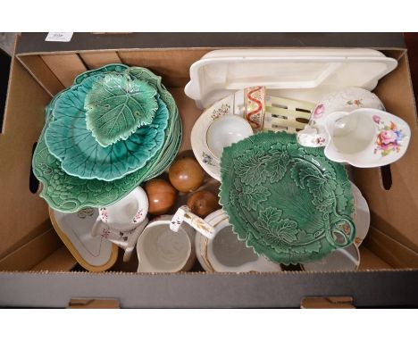 A box of 19th century and later decorative ceramics including 15 Wedgwood majolica green glazed plates, Davenport floral jugs