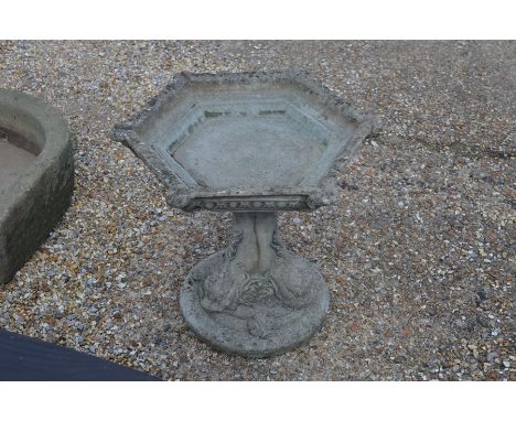 A cast stone bird bath 53 x 54 x 46 cm high to/w an antique stone basin and a small rectangular wooden garden table (3)