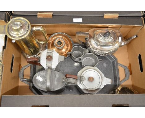 A hammered Tudric Pewter four piece tea service to/w plated teapots, water jugs etc (box)