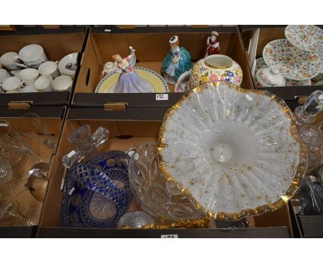 A blue flash cut glass basket-vase to/w a large Venetian glass fruit bowl with crenellated rim and other glassware to/w two R