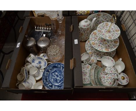 A Minton 'Haddon Hall' tea service for six, c/w three tier cake-plate, sandwich plate, tea pot, milk and sugar and petit four