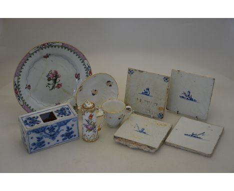 An antique Delft flower-brick with blue and white decoration (restored), possibly Wincanton to/w four Delft tiles, a New Hall