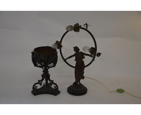 An Empire style chalice on tripod base with winged caryatid figures 30 cm high to/w an Art Nouveau lamp of a dancing figure h