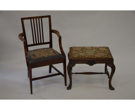 A 19th century tapestry seated corner chair to/w a Victorian mahogany shell carved stool with tapestry seat and turned stretc