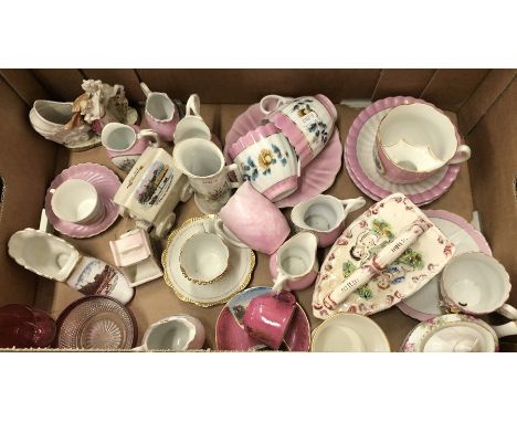 From The Henderson Collection - A box of assorted, mainly pink ground, Victorian and later souvenir wares including jugs, mus