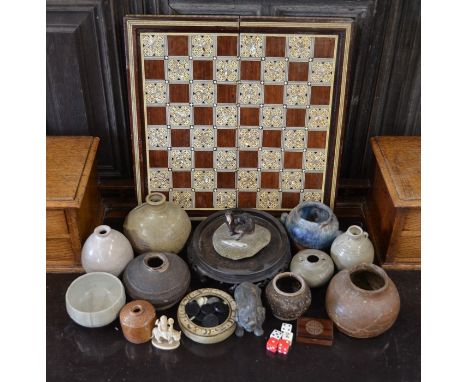 Box to include studio pottery vessels, modern vizagapatam backgammon board and some contents, Chinese hardwood stand etc