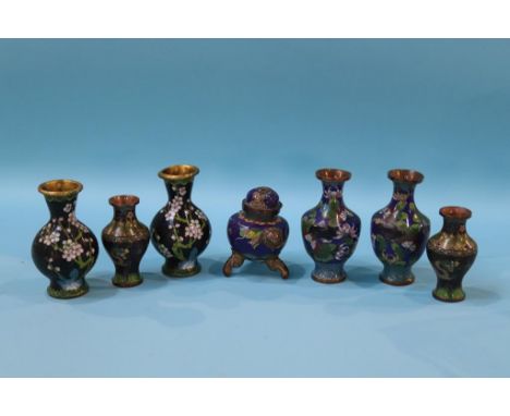A small Chinese bronze vase with flared rim, 15cm height and a selection of cloisonne enamel vases
