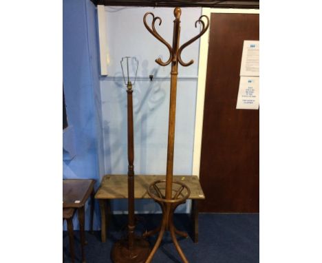 An oak bench, bentwood coat stand and standard lamp