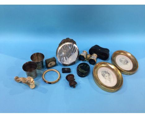 A box of assorted, to include opera glasses and a snuff box etc.