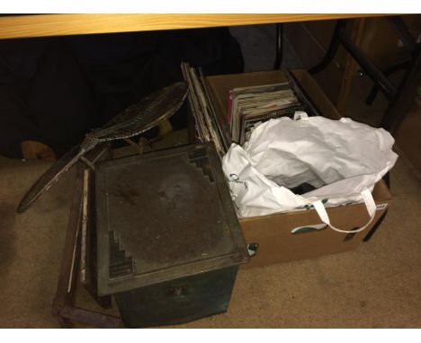 A fire screen, LPs etc.