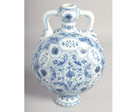 A CHINESE BLUE AND WHITE PORCELAIN TWIN HANDLED MOON FLASK decorated with lotus and further panels of varying floral motifs. 