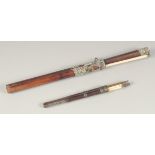 TWO TRAVELLING TROUSSE KNIFE AND CHOPSTICK SETS, each with bone chopsticks; the larger set lacking
