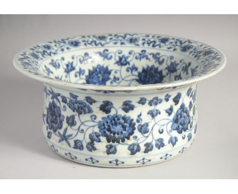 A CHINESE BLUE AND WHITE PORCELAIN WATER BASIN, decorated with bajixiang symbols and flower heads, 31.5cm diameter.