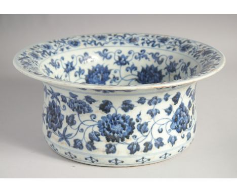 A CHINESE BLUE AND WHITE PORCELAIN WATER BASIN, decorated with bajixiang symbols and flower heads, 31.5cm diameter.