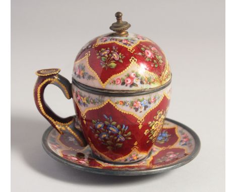 A VERY FINE AND RARE 19TH CENTURY OTTOMAN ENAMELLED SHERBET LIDDED CUP AND SAUCER, decorated with fine foliate panels, cup 13