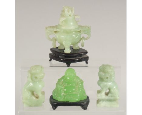 A SMALL CARVED JADE CENSER AND COVER on wooden stand, 3.5", A PAIR OF TEMPLE LIONS, 3", and LAUGHING BUDDHA on a wooden stand