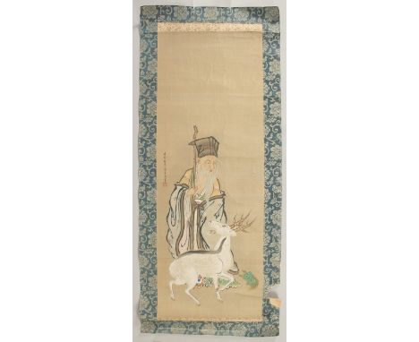 TWO CHINESE SCROLL PICTURES ON PAPER, both depicting a sage-like figure, together with another scroll depicting a mountainous