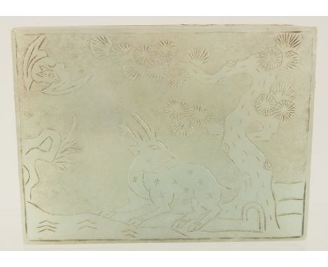 A FINE QUALITY CHINESE CARVED JADE RECTANGULAR PLAQUE, with incised decoration depicting a deer beside a tree with a flying b