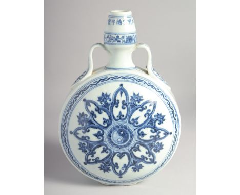 A CHINESE BLUE AND WHITE PORCELAIN TWIN HANDLE MOON FLASK, the central design with yin-yang symbol, bearing a six-character m