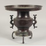A JAPANESE BRONZE TWIN HANDLE TRIPOD USUBATA VASE, with detachable circular platform, characters