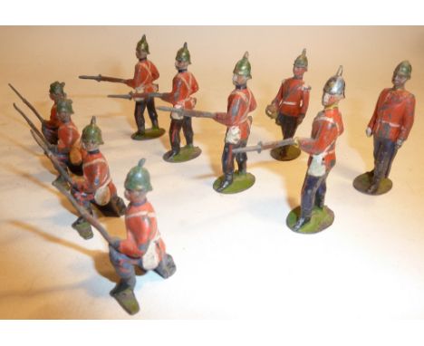 Britains set 17, Somerset Light Infantry on guard, SECOND VERSION, with officer and bugler, oval bases (F, two helmet spikes 