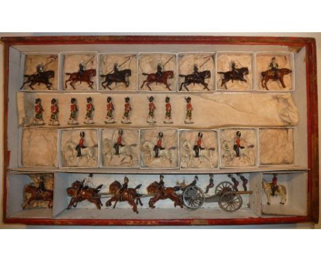 Britains Display Set 73 in original two-tier slide top wooden box card cavalry compartments and slotted infantry strips, cont