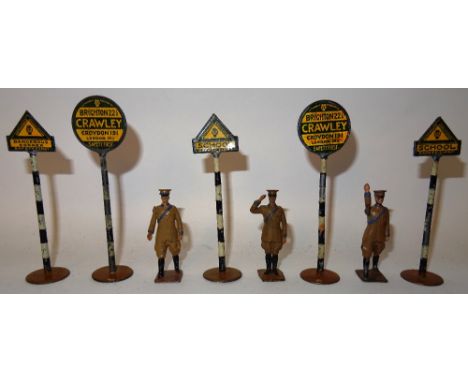  * Britains set 239 Automobile Association Patrolmen and Signs with additional patrolman, School and Crawley sign (G-F) 1930 
