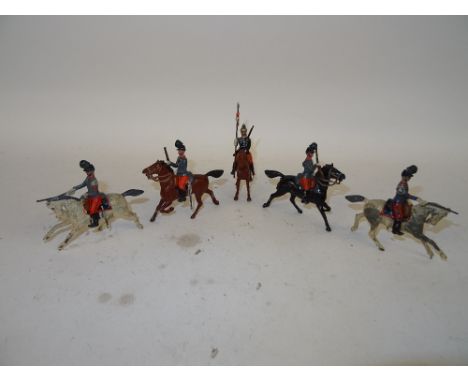 Britains RARE FIRST VERSION French Dragoon from set 140 plug rifle in back, with two officers and two men from set 139, Frenc