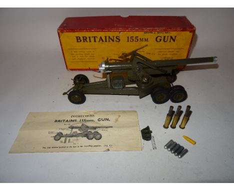 Britains neatly repainted sets 2064, 155mm Gun with additional spade and two shellcases in (VG, barrel slide jammed, box F) a