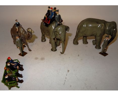  * Britains Zoo Rides 25Z Elephant Ride, 901 Elephant with rubber trunk, 953 Boy on Camel, two keepers, park bench and six ad