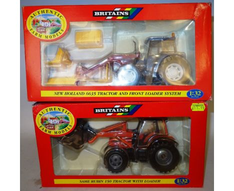 Britains Tractor and Implement sets 9646 Massey Ferguson 362 with mini-trailer, 9649 New Holland 6635 with front loading syst