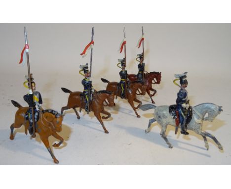 Britains set 100, 21st Lancers in full dress FIRST VERSION, pony horses, three with prick ears, trumpeter on cantering horse 