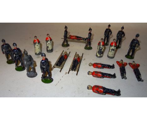 Britains set 137, Army Medical Service FIRST VERSION, oval bases (F-P, four helmet balls missing, two bearer hands damaged, s