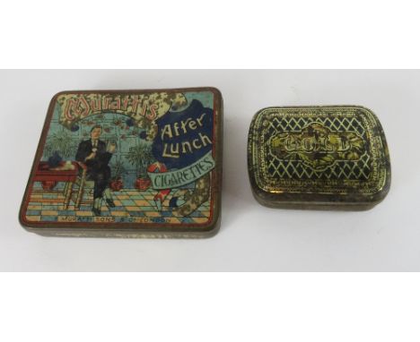 A Murattis After Lunch" cigarette tin with colour printed detail together with a "gold" tin snuff box"
