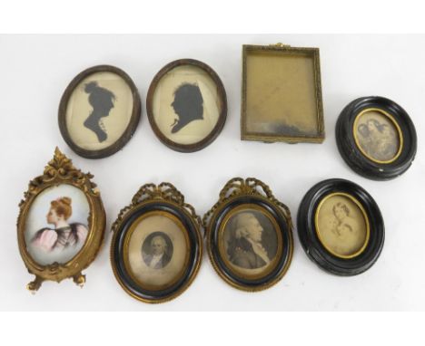 A miniature portrait on ceramic panel of a young women in gilt wood rococo style frame; a pair of 18th century printed portra