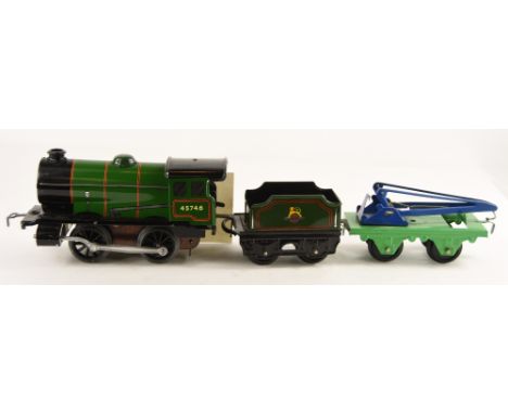 Hornby - O Gauge: clockwork 0-4-0 loco no.45746 with key; two open wagons; passenger coach; tipping wagon and crane wagon, al