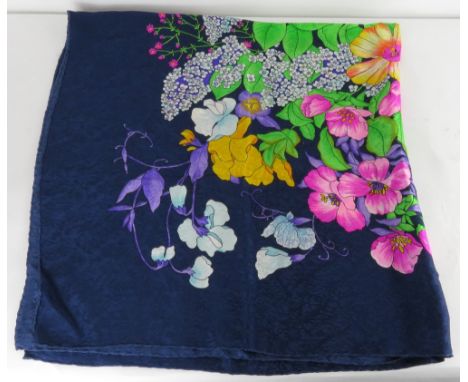 Christian Dior - colourful silk headscarf with bold floral design on dark blue ground, in original card case