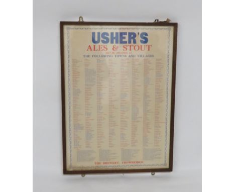An original 1970's Usher's Ales and Stout poster, listing various villages and towns where it can be obtained